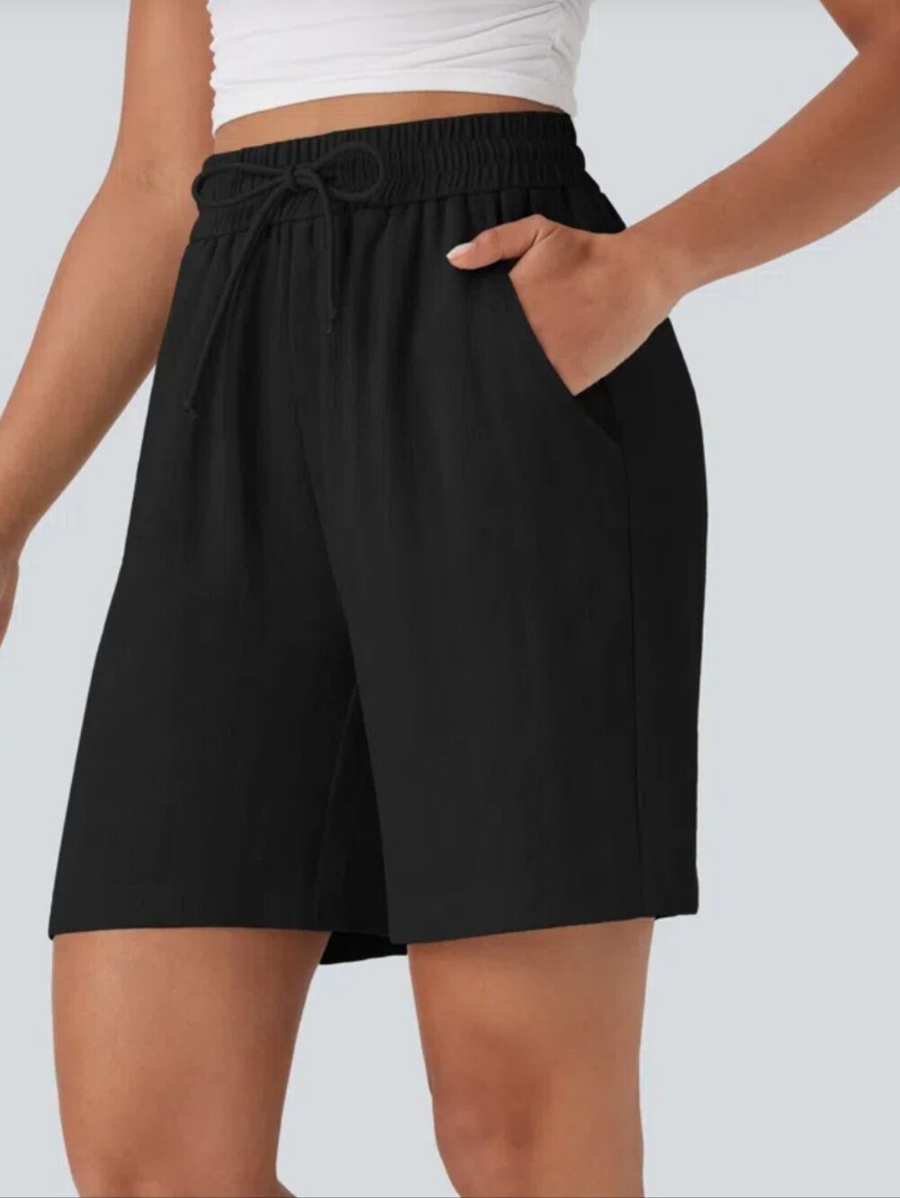 High Waisted Drawstring Casual Linen-Feel Shorts with Side Pockets